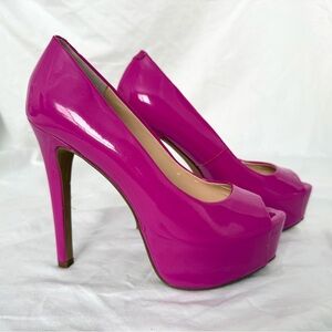 Jessica Simpson Fuchsia Patent Leather Platform Peep Toe Pumps | Size 6